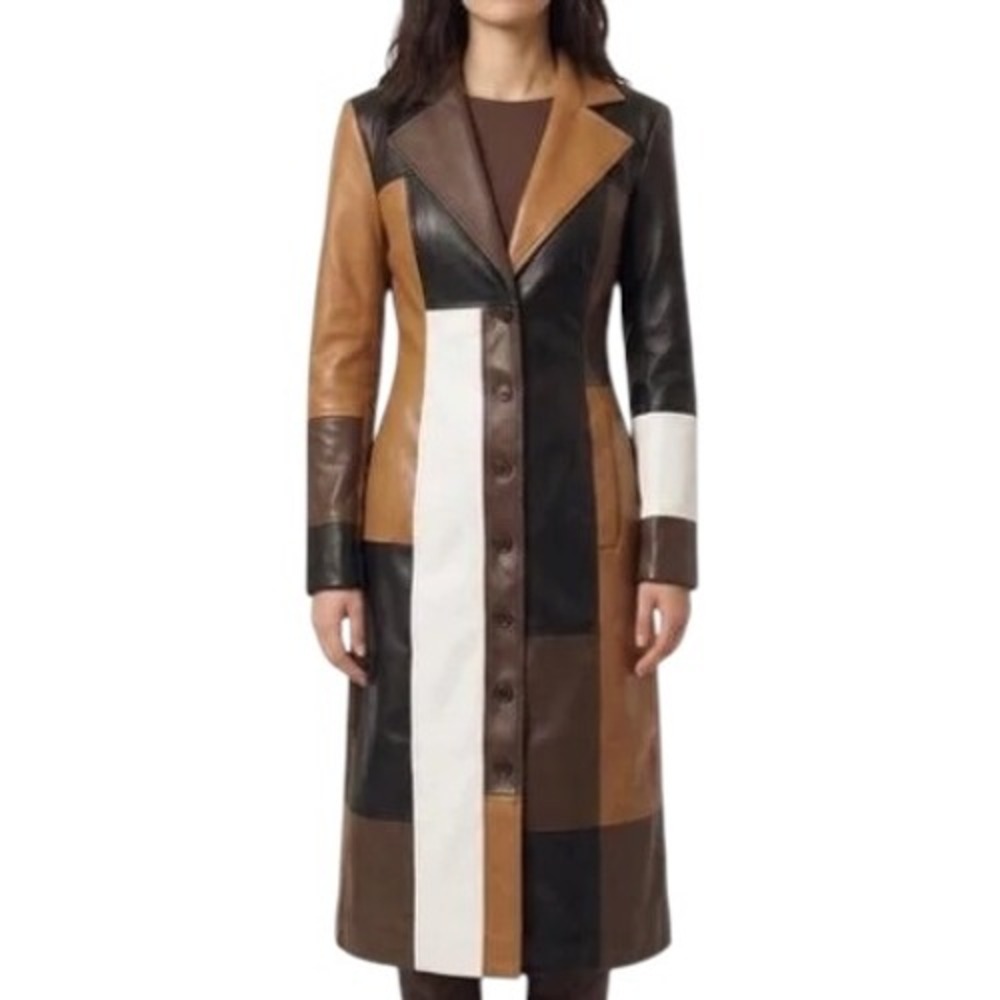 Patchwork Long Trench Faux Leather Coat 70s Boho Colorblock Brown Black Cream